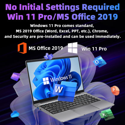 14 Inch FHD Laptop, Celeron J4105, 8GB DDR4 RAM, 256GB SSD, Win 11 Pro + Office 2019, Lightweight Business Laptop, Gray